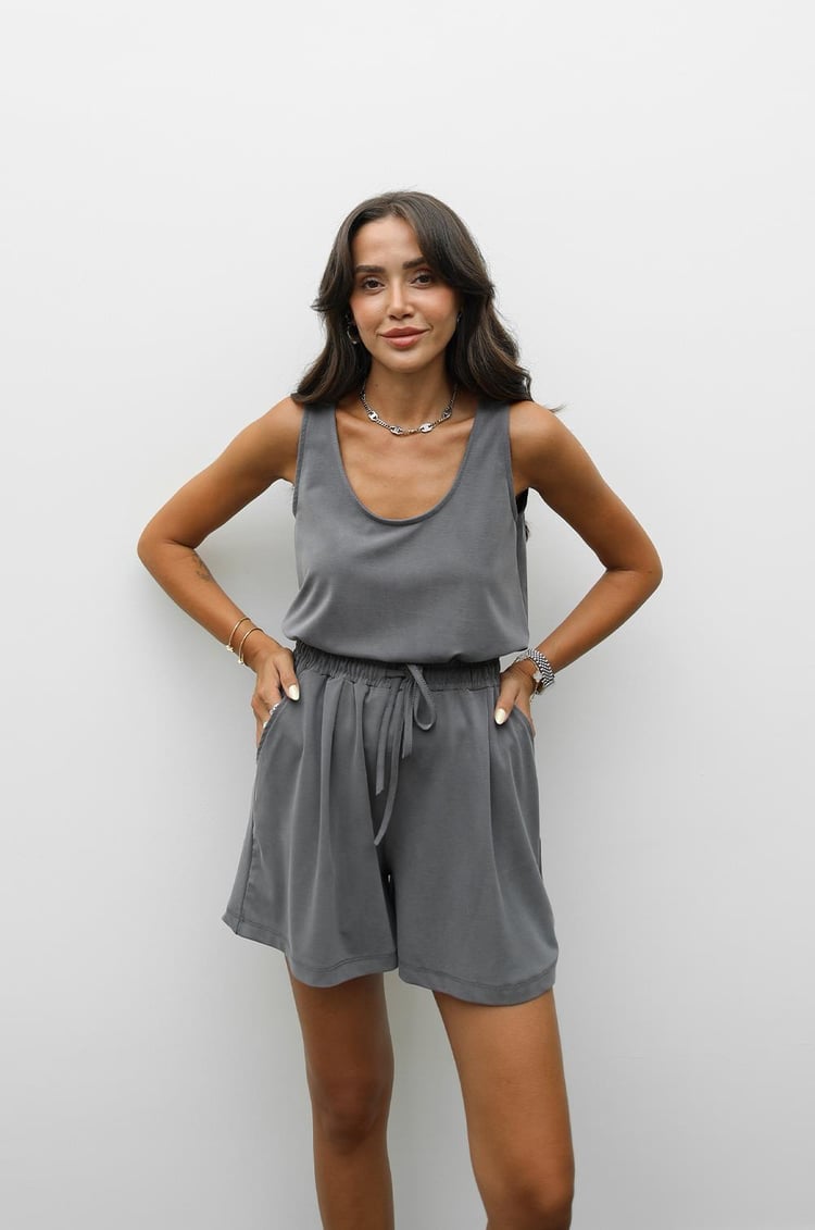 Gri Askılı Bluz Şort Modal Takım