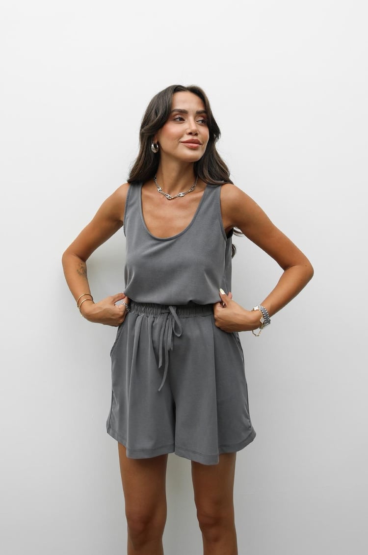 Gri Askılı Bluz Şort Modal Takım