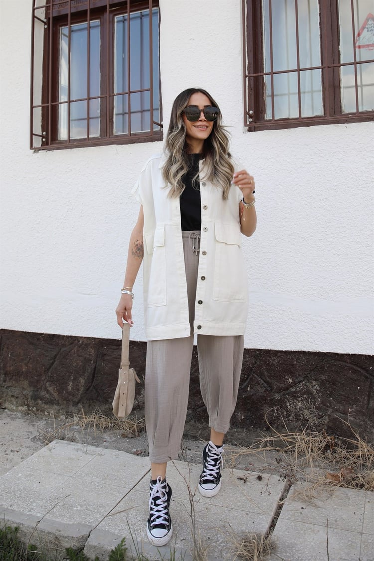 Gri Beli İpli Keten Pantolon