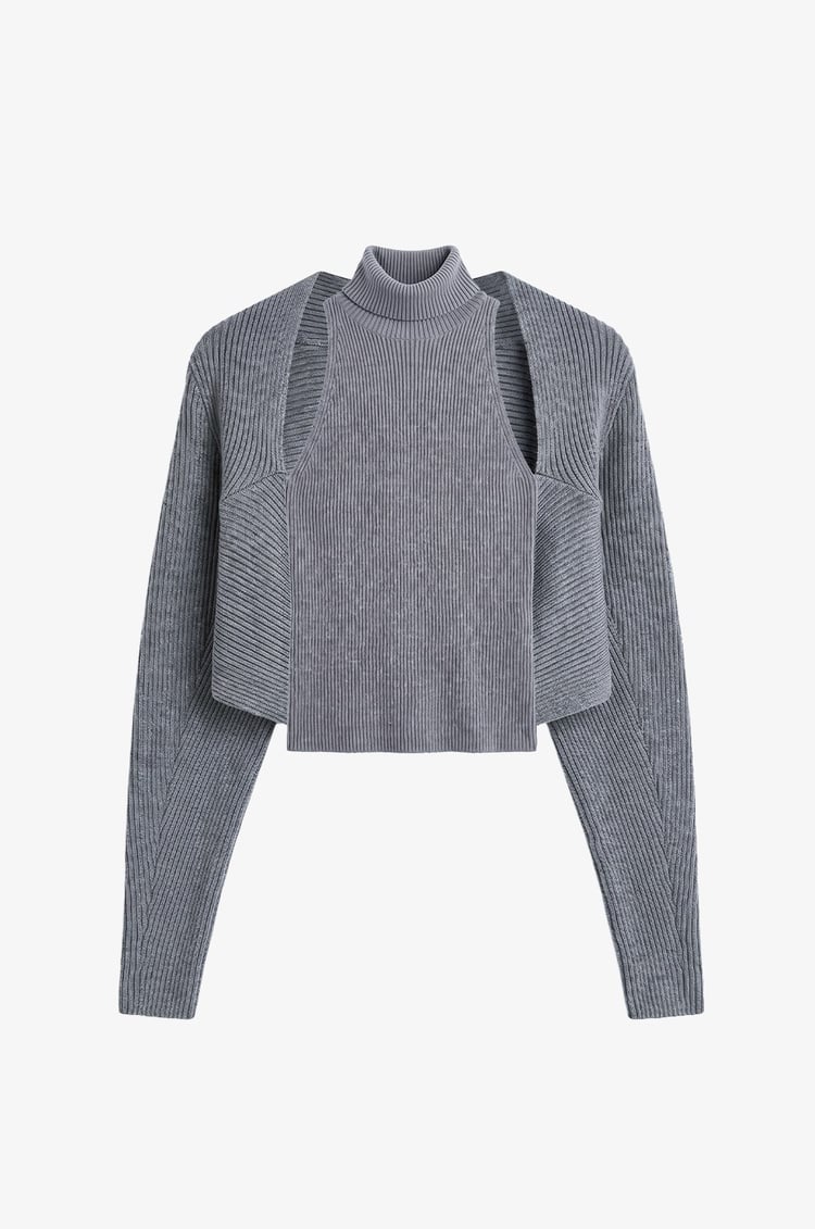 Gri Boğazlı Bluz Bolero Triko Takım