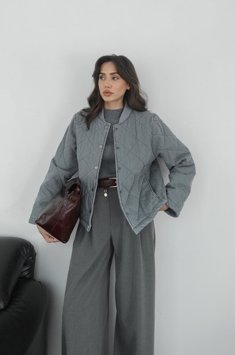 Gri Kapitone Denim Ceket