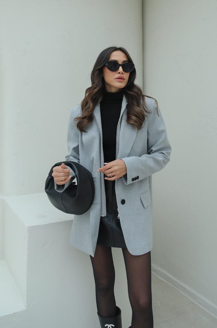 Gri Kapüşon Detaylı Fermuarlı Blazer Ceket