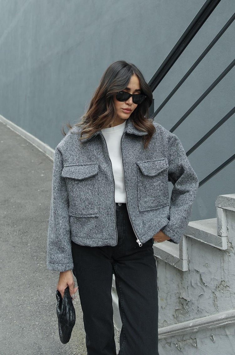 Gri Lotta Torba Cepli Buklet Ceket