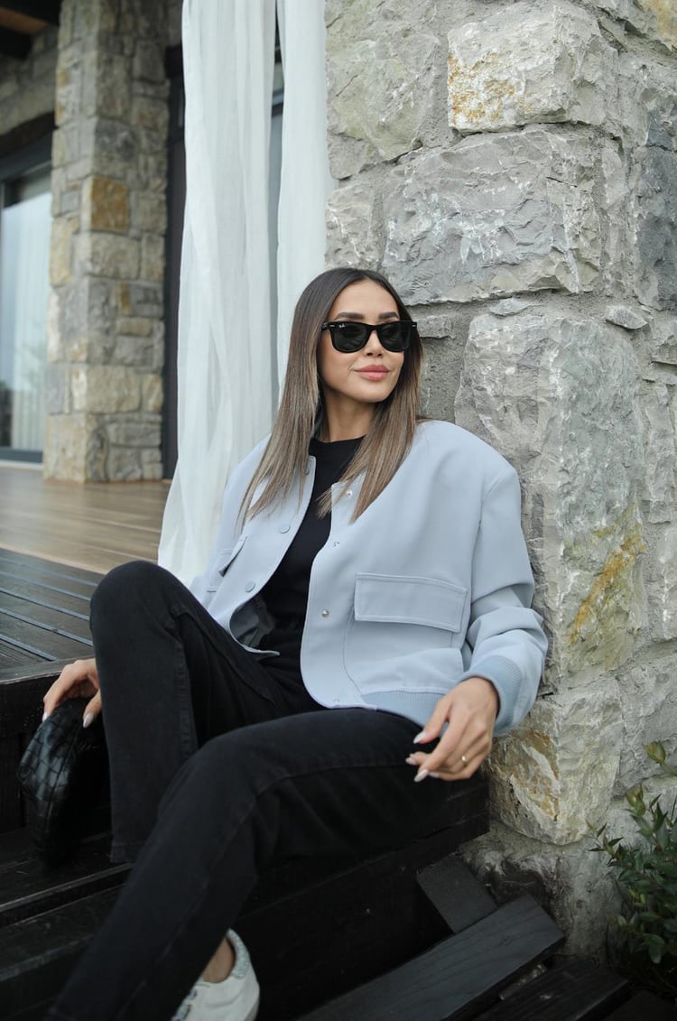 Gri Mavi Geniş Cepli Bomber Ceket