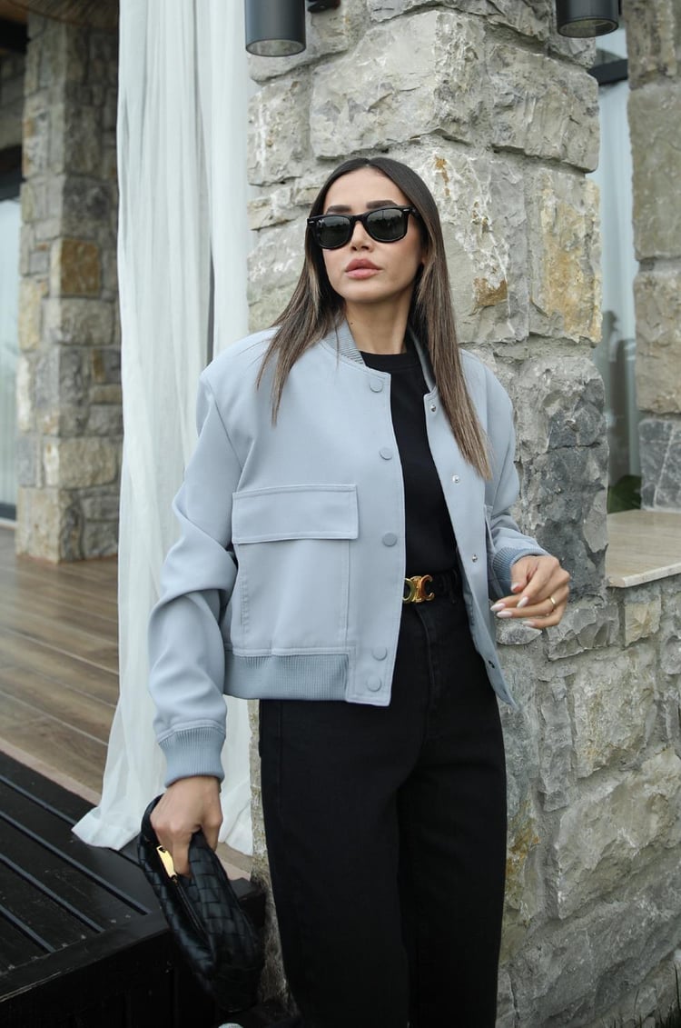 Gri Mavi Geniş Cepli Bomber Ceket