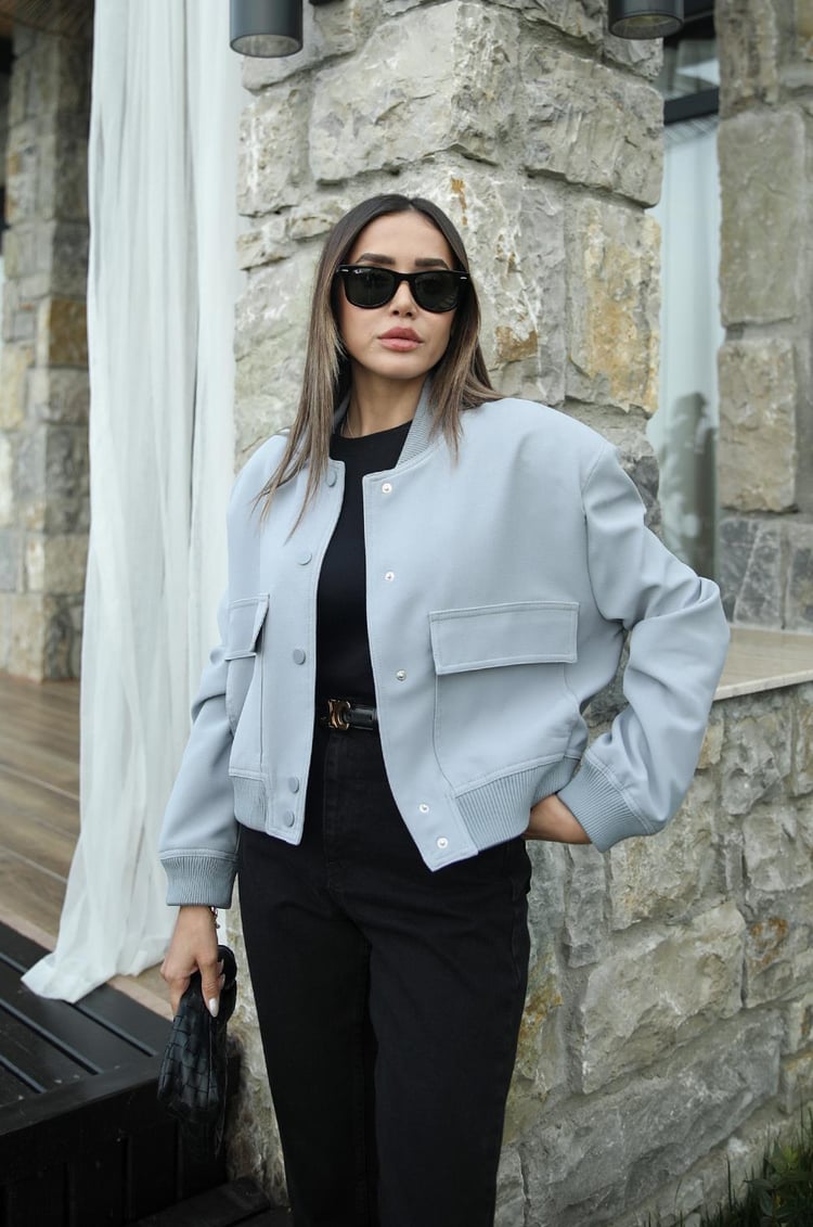 Gri Mavi Geniş Cepli Bomber Ceket