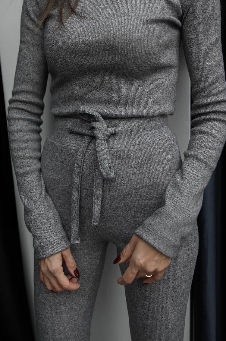 Gri Melanj Ribbed Bluz Pantolon Takım