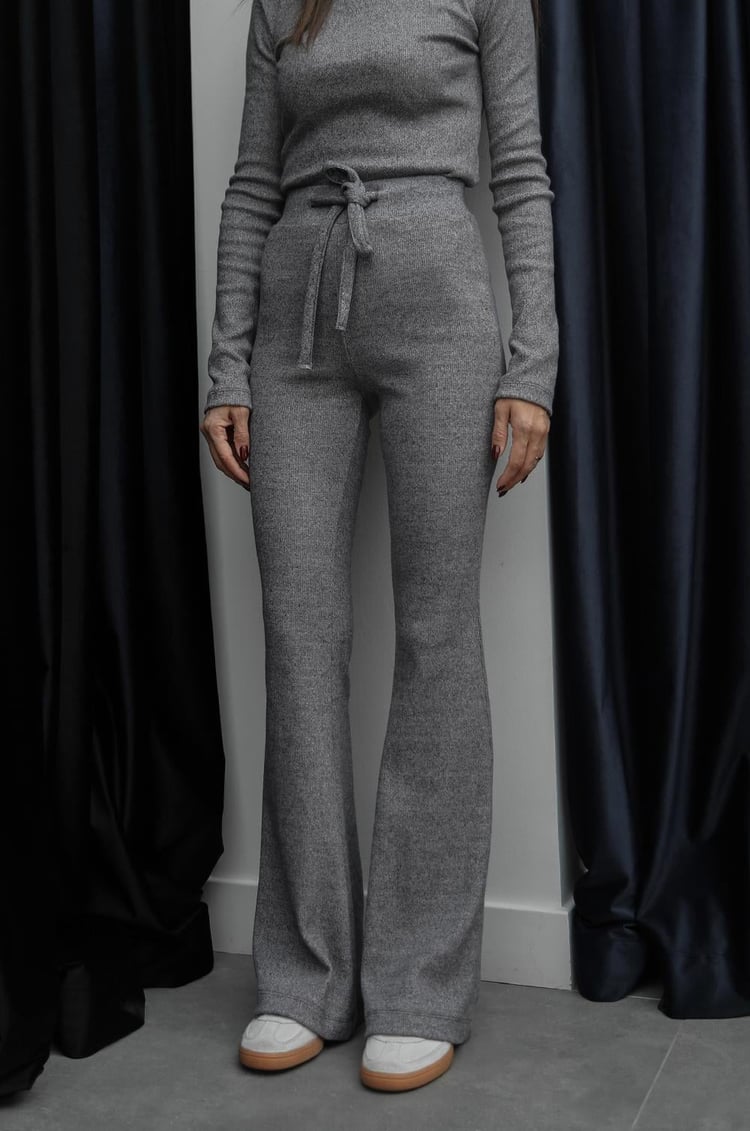 Gri Melanj Ribbed Bluz Pantolon Takım