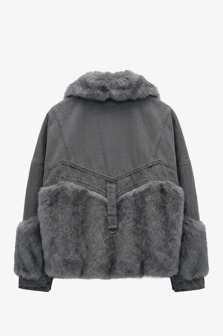 Gri Peluş Kürk Garnili Denim Mont