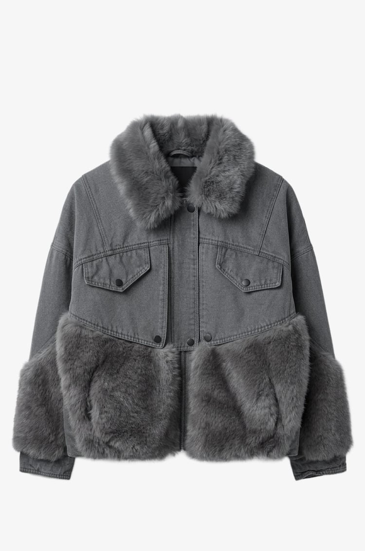 Gri Peluş Kürk Garnili Denim Mont