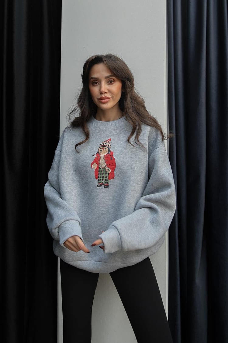 Gri Pijamalı Teddy Baskılı Sweatshirt