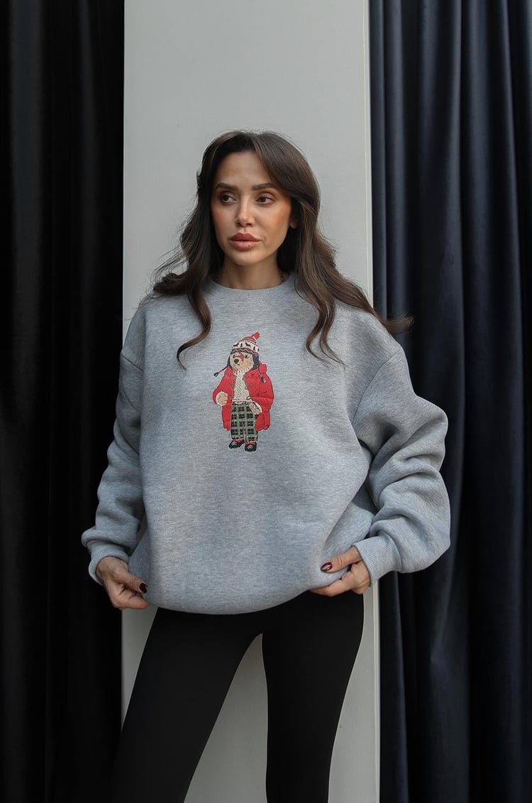 Gri Pijamalı Teddy Baskılı Sweatshirt