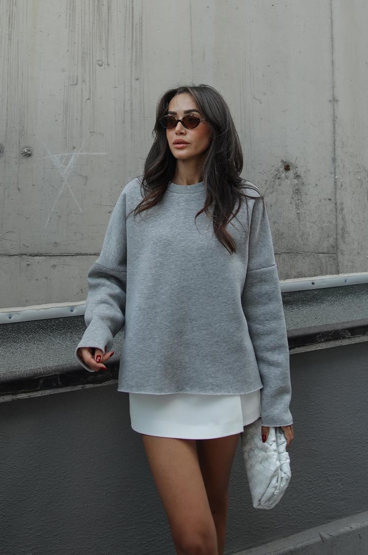 Gri Pratt Şardonlu Yırtmaçlı Sweatshirt