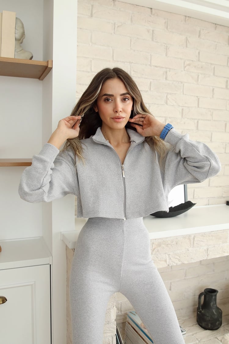 Gri Tayt Crop Hırka Takım