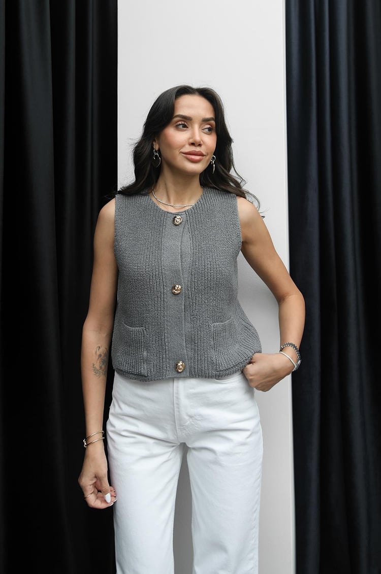 Gri Triko Bluz Yelek