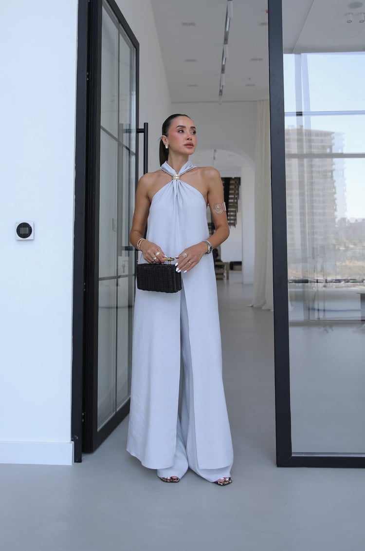Gri Tulum Görünümlü Bluz Pantolon Takım 
