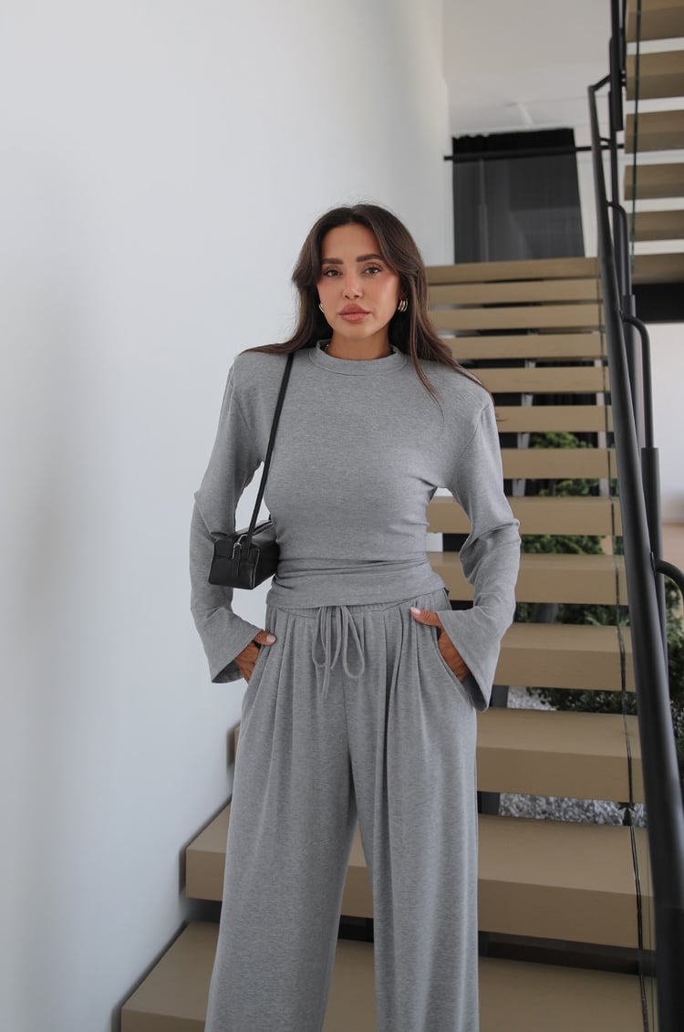 Gri Vatkalı Bluz Pantolon Takım