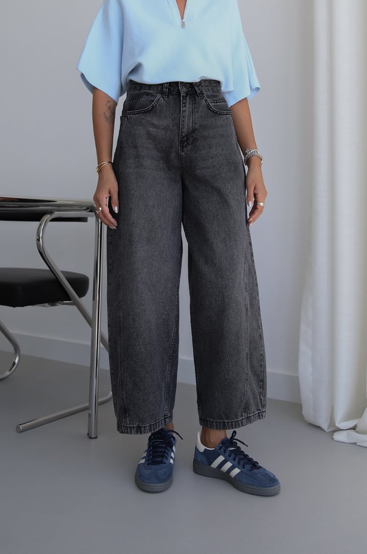 Gri Yanı Çift Dikişli Mom Jean