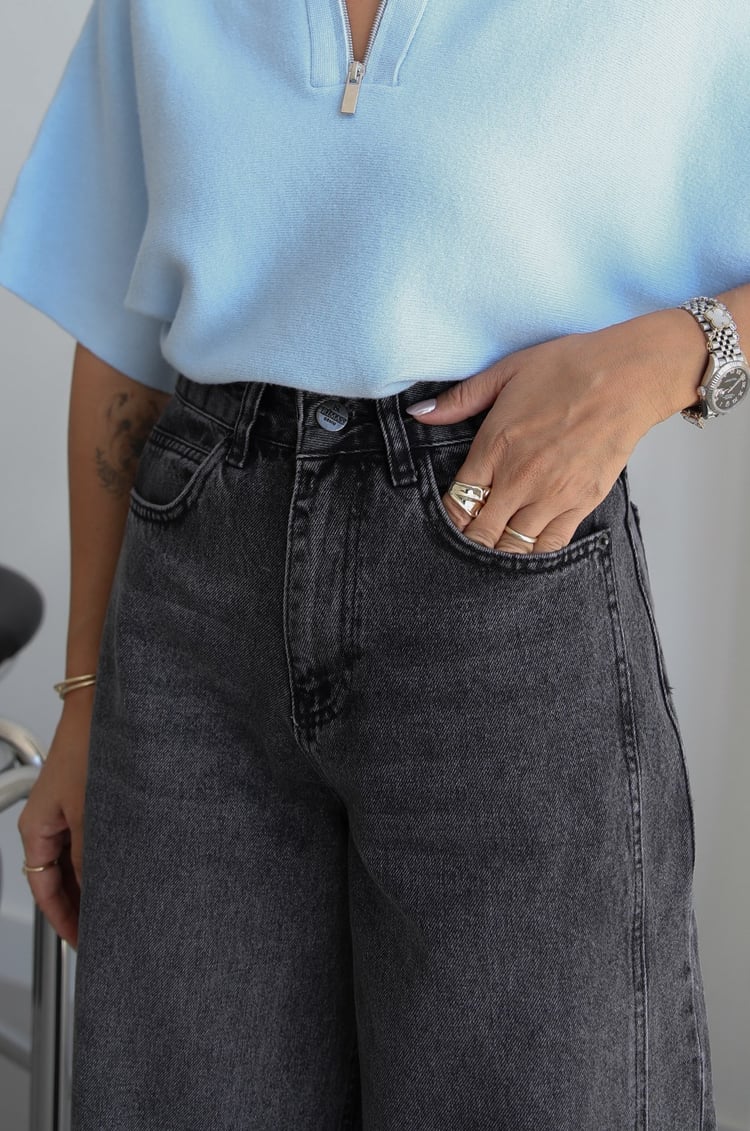 Gri Yanı Çift Dikişli Mom Jean
