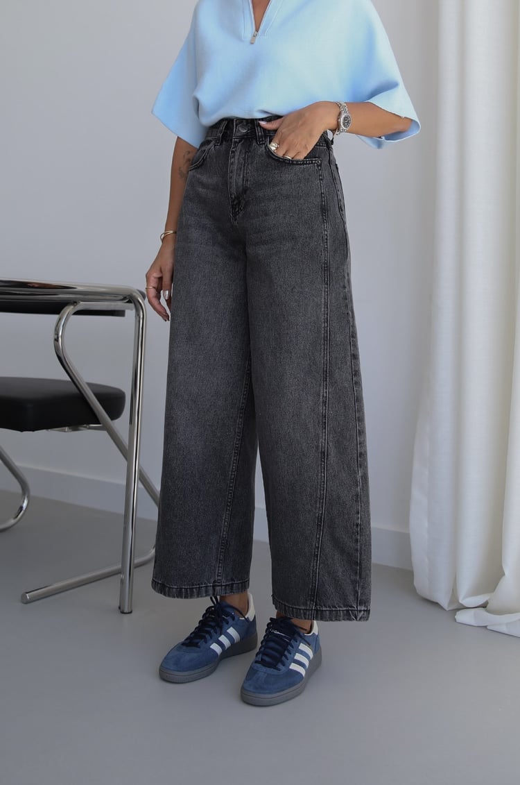 Gri Yanı Çift Dikişli Mom Jean