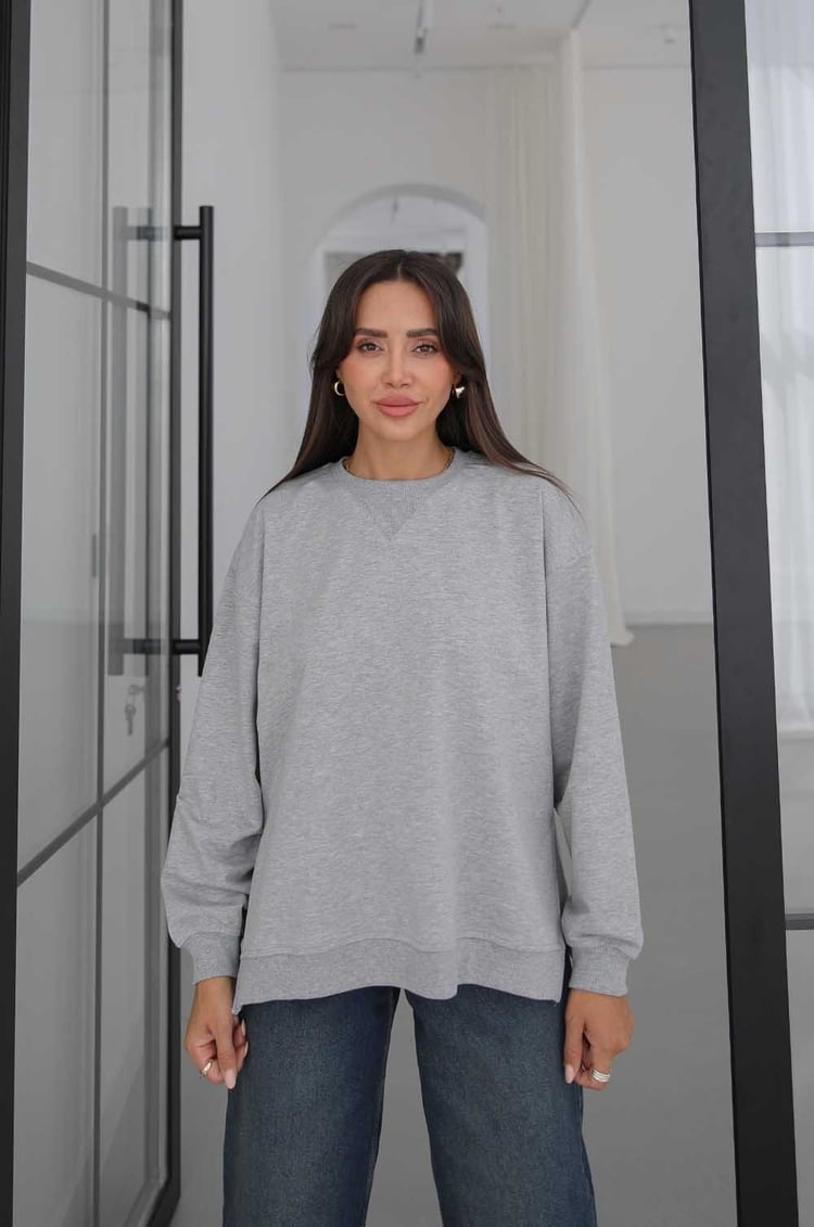 Gri Yanları Yırtmaçlı Oversize Sweatshirt