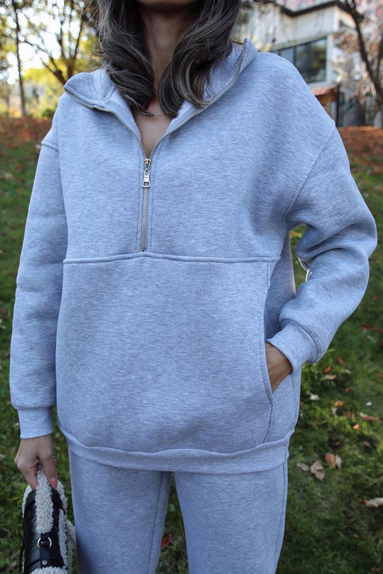 Gri Yarı Fermuarlı Kanguru Sweatshirt