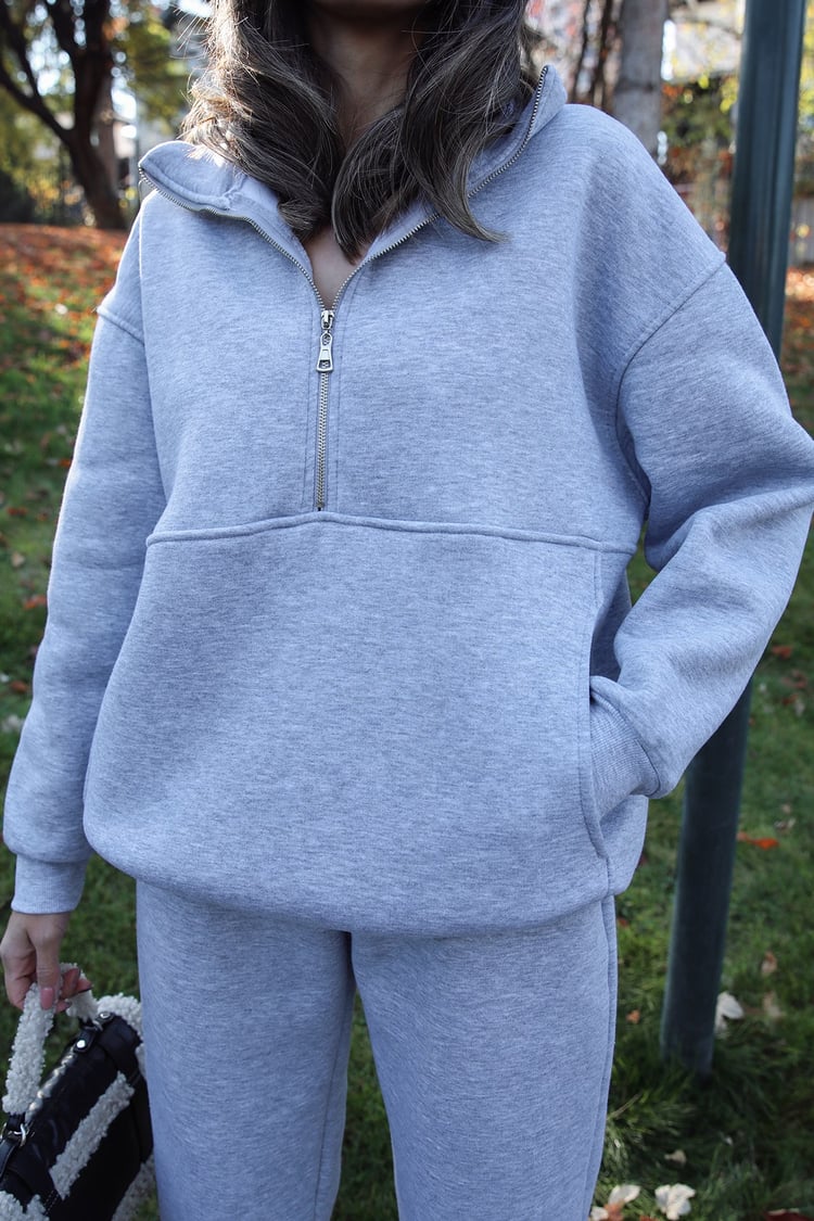 Gri Yarı Fermuarlı Kanguru Sweatshirt