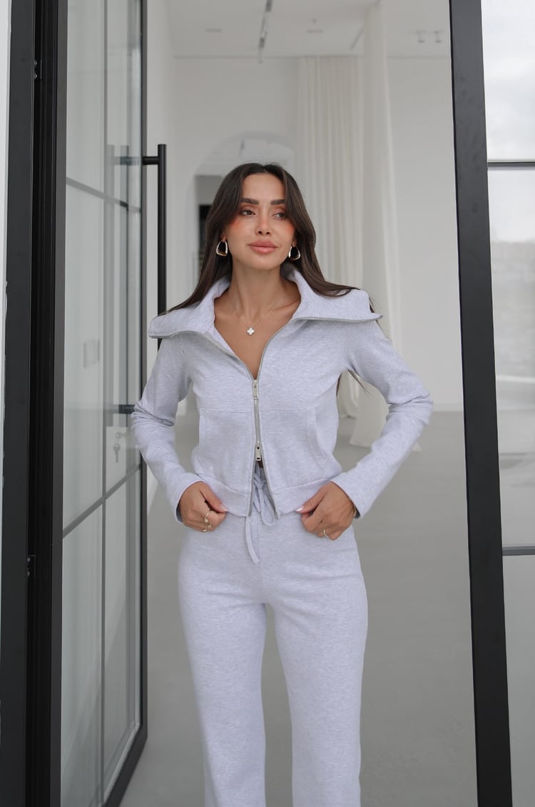 Gri Zipper Geniş Yaka Çift Fermuarlı Eşofman Takım