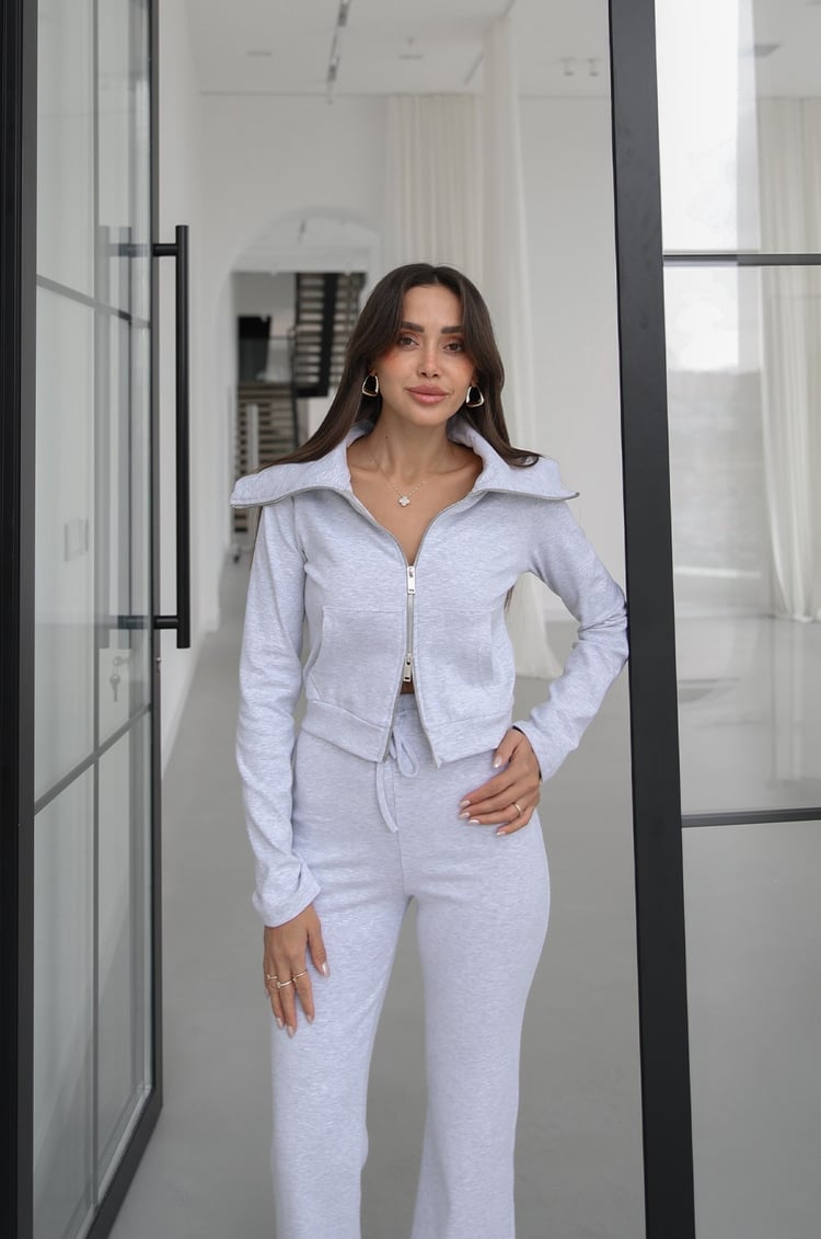 Gri Zipper Geniş Yaka Çift Fermuarlı Eşofman Takım