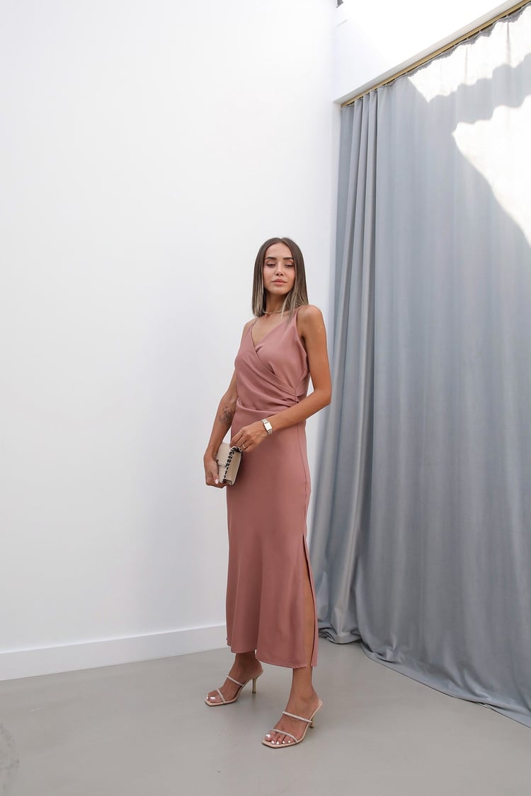 Gül Kurusu Drape Detaylı Saten Elbise