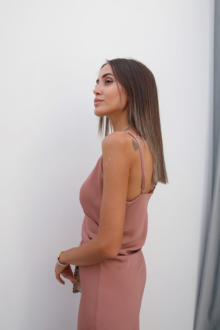 Gül Kurusu Drape Detaylı Saten Elbise