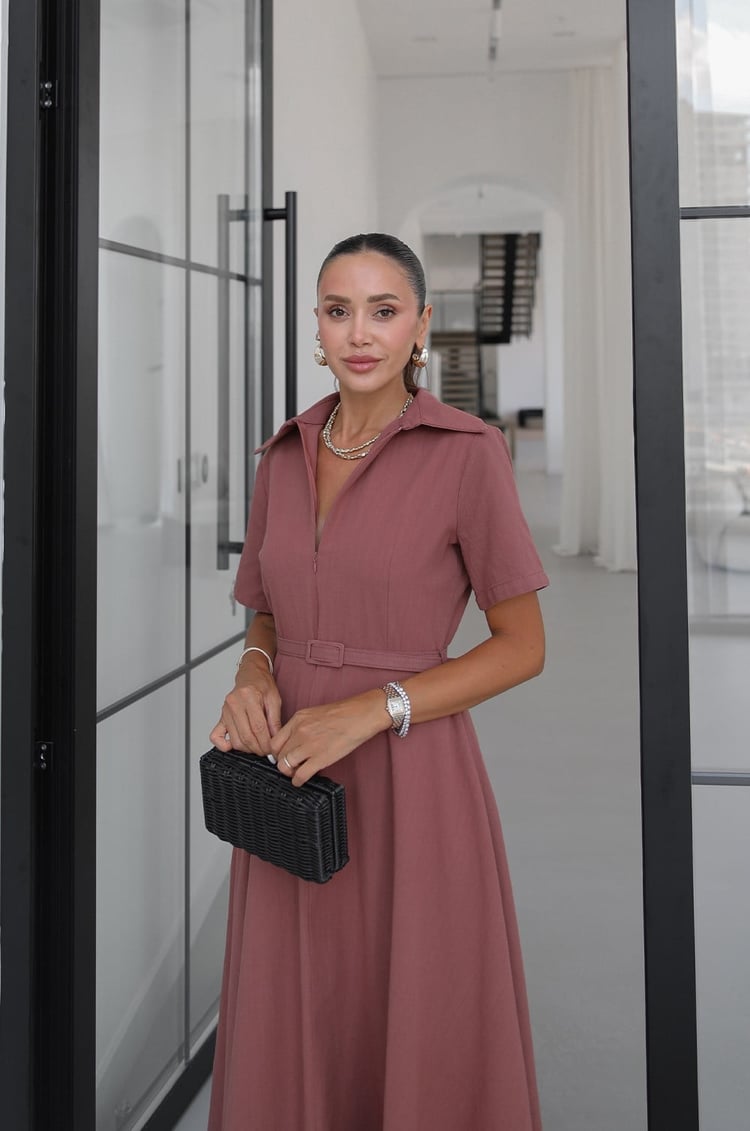 Gül Kurusu İnce Kemerli Keten Midi Elbise
