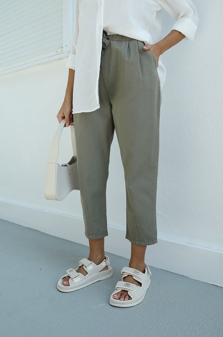 Haki Beli İpli Gabardin Pantolon