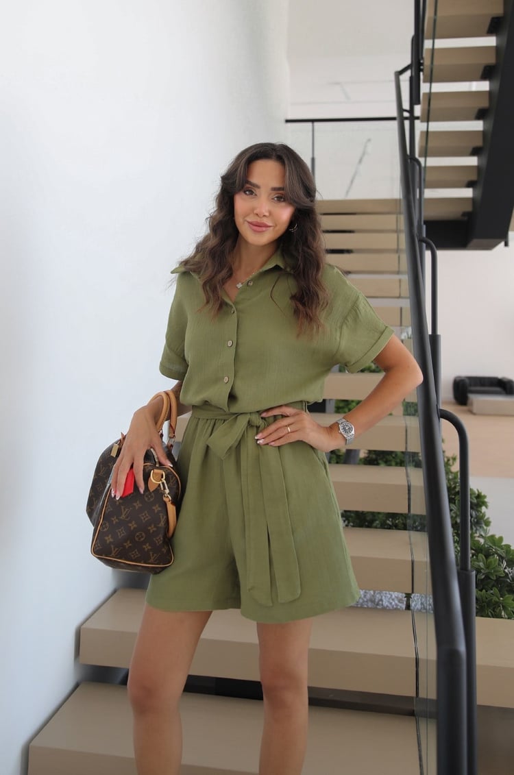 Haki Beli Kuşaklı Kısa Tulum