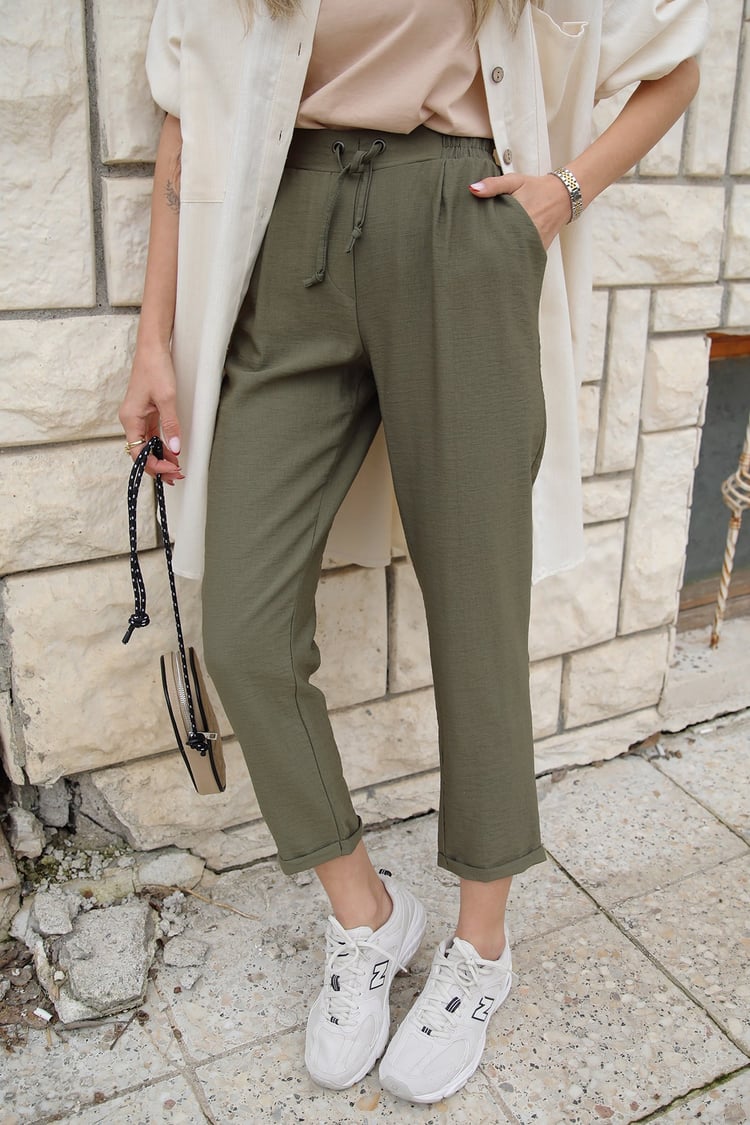 Haki Beli Lastikli Kıvrık Paça Pantolon