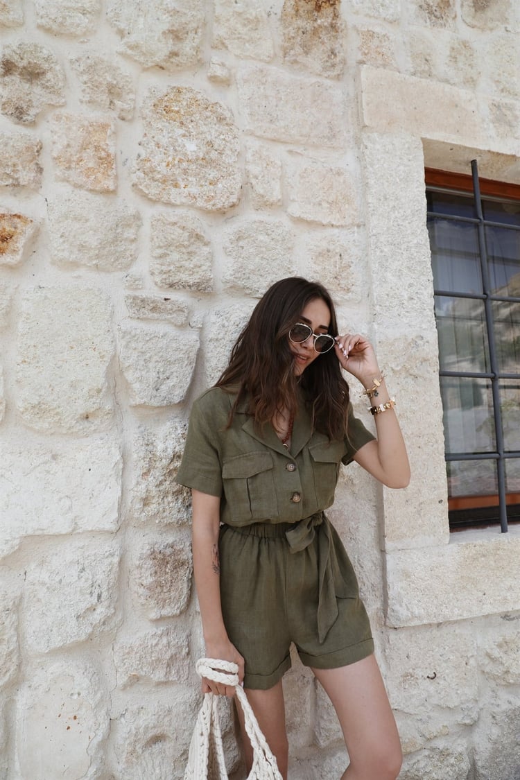 Haki Ceket Yaka Şort Tulum