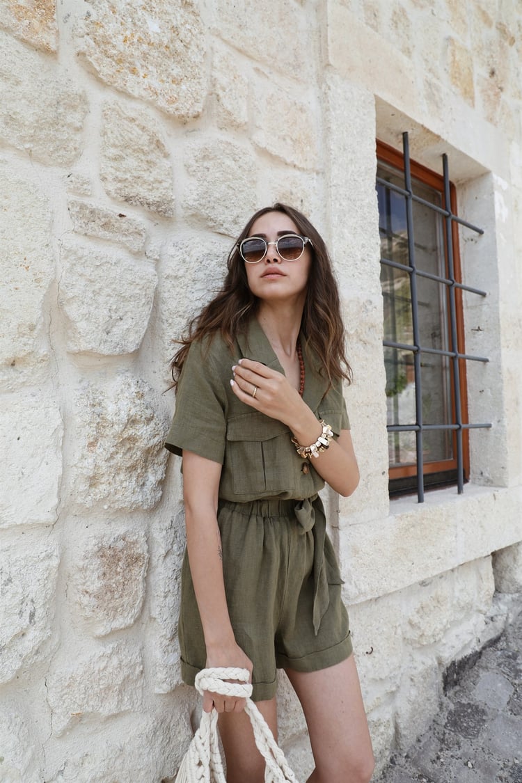 Haki Ceket Yaka Şort Tulum