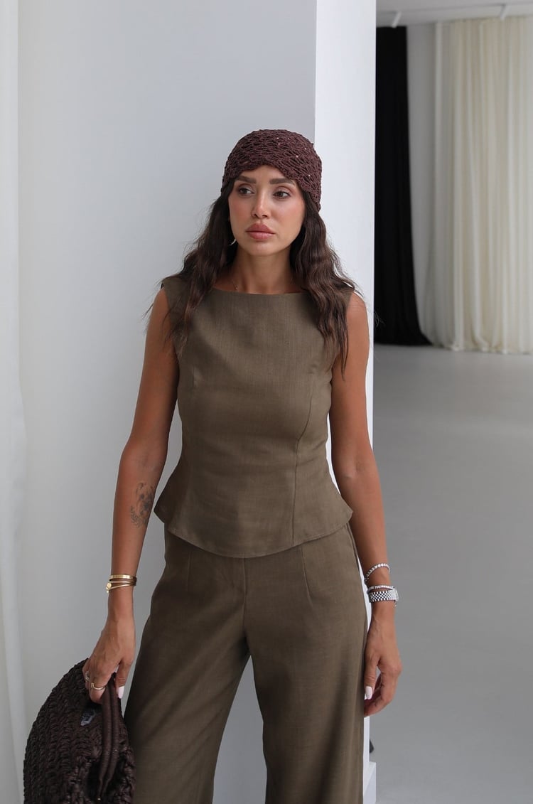 Haki Ceres Ham Keten Bluz Pantolon Takım
