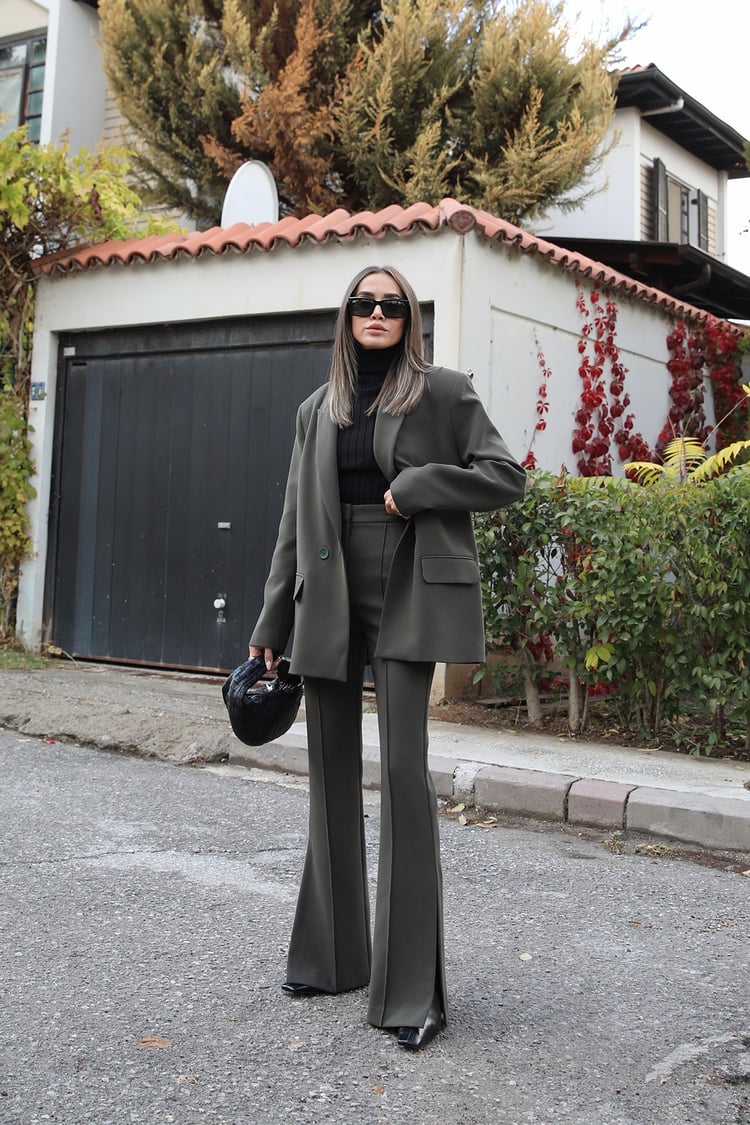 Haki Çift Düğmeli Blazer Ceket