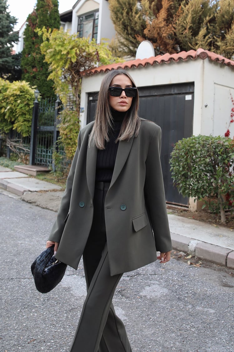 Haki Çift Düğmeli Blazer Ceket