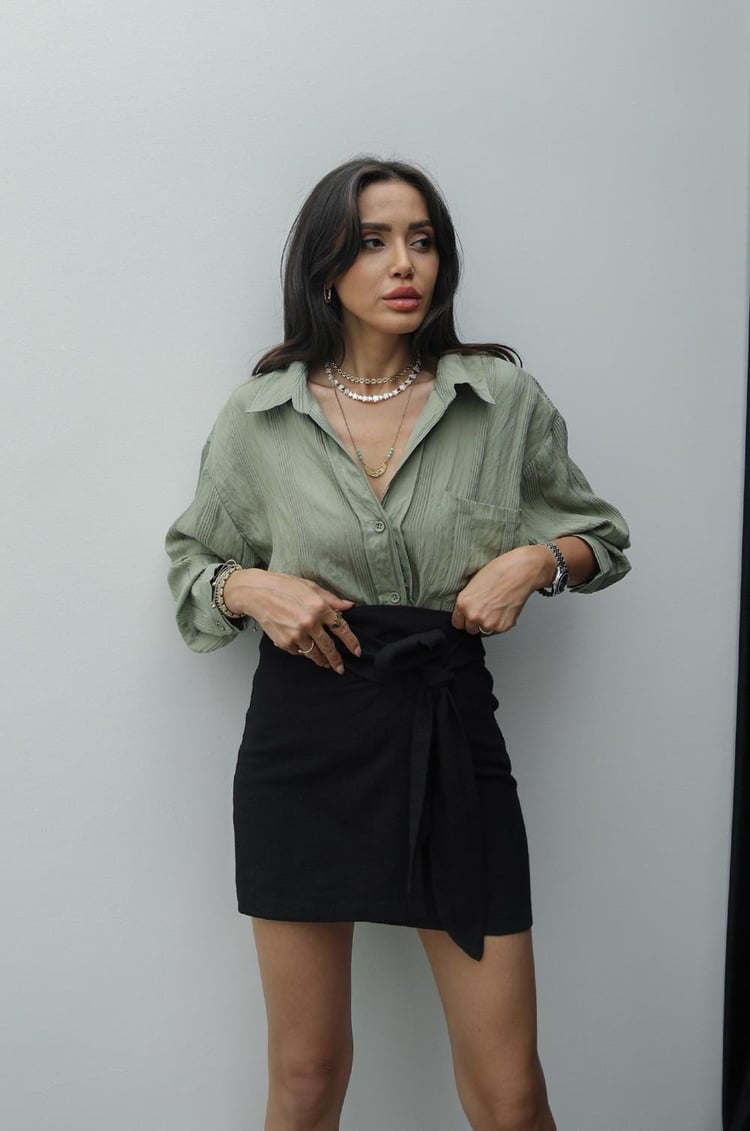Haki Çizgi Detaylı Oversize Gömlek