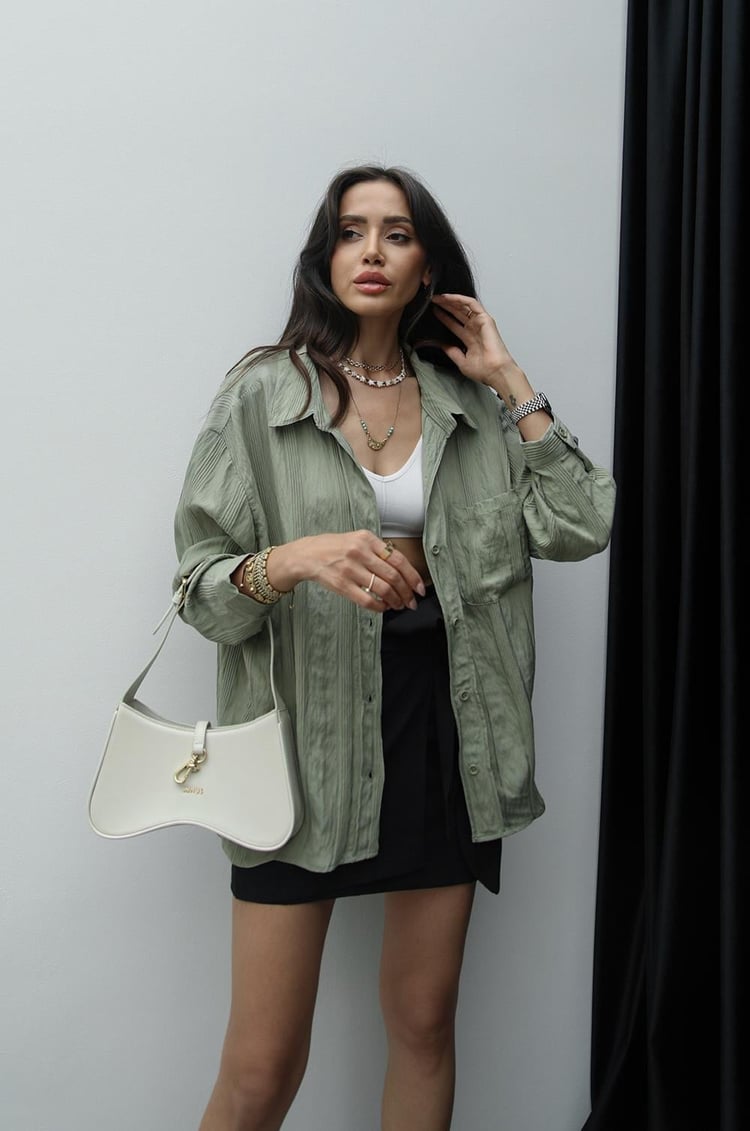 Haki Çizgi Detaylı Oversize Gömlek