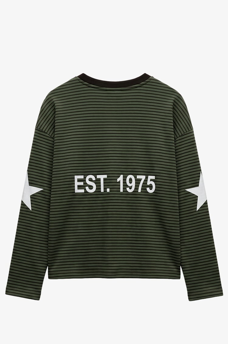 Haki Çizgili Paris France Baskılı Sweatshirt