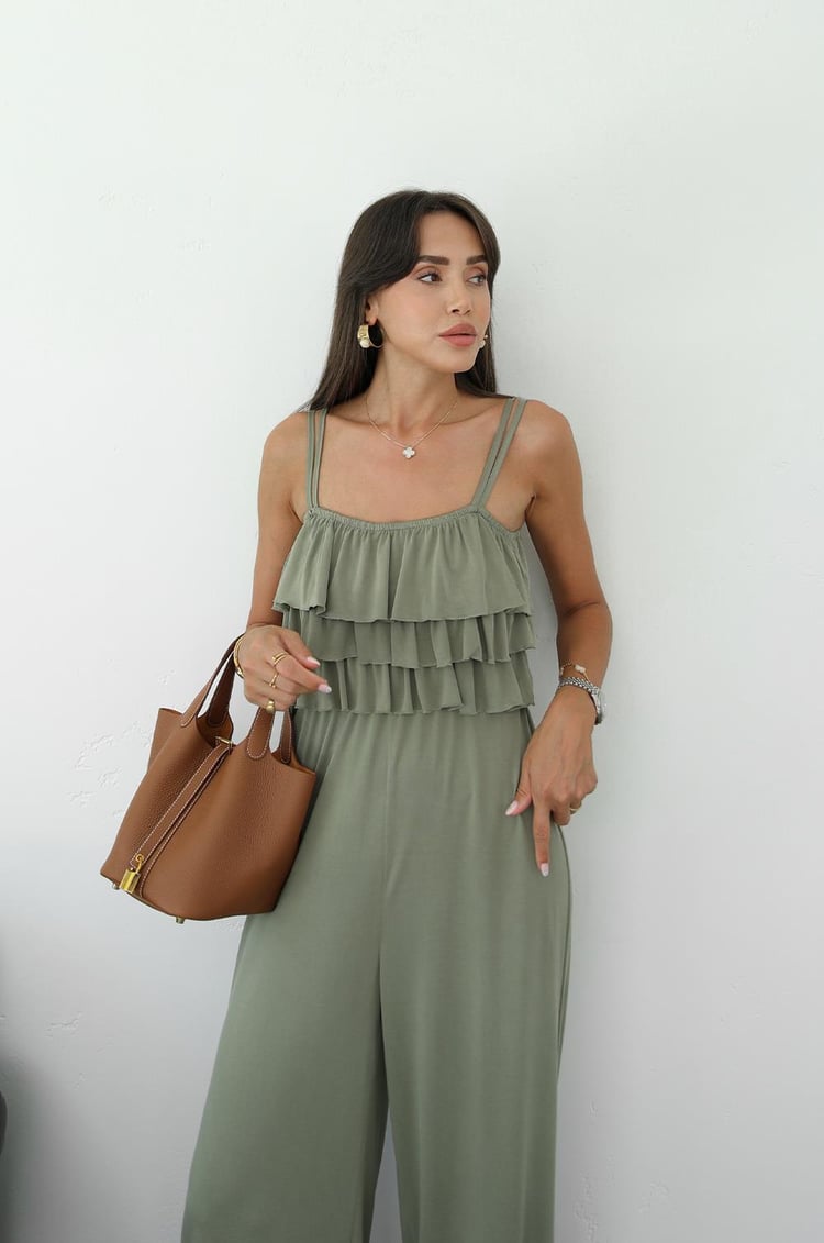 Haki Fırfırlı Askılı Modal Tulum