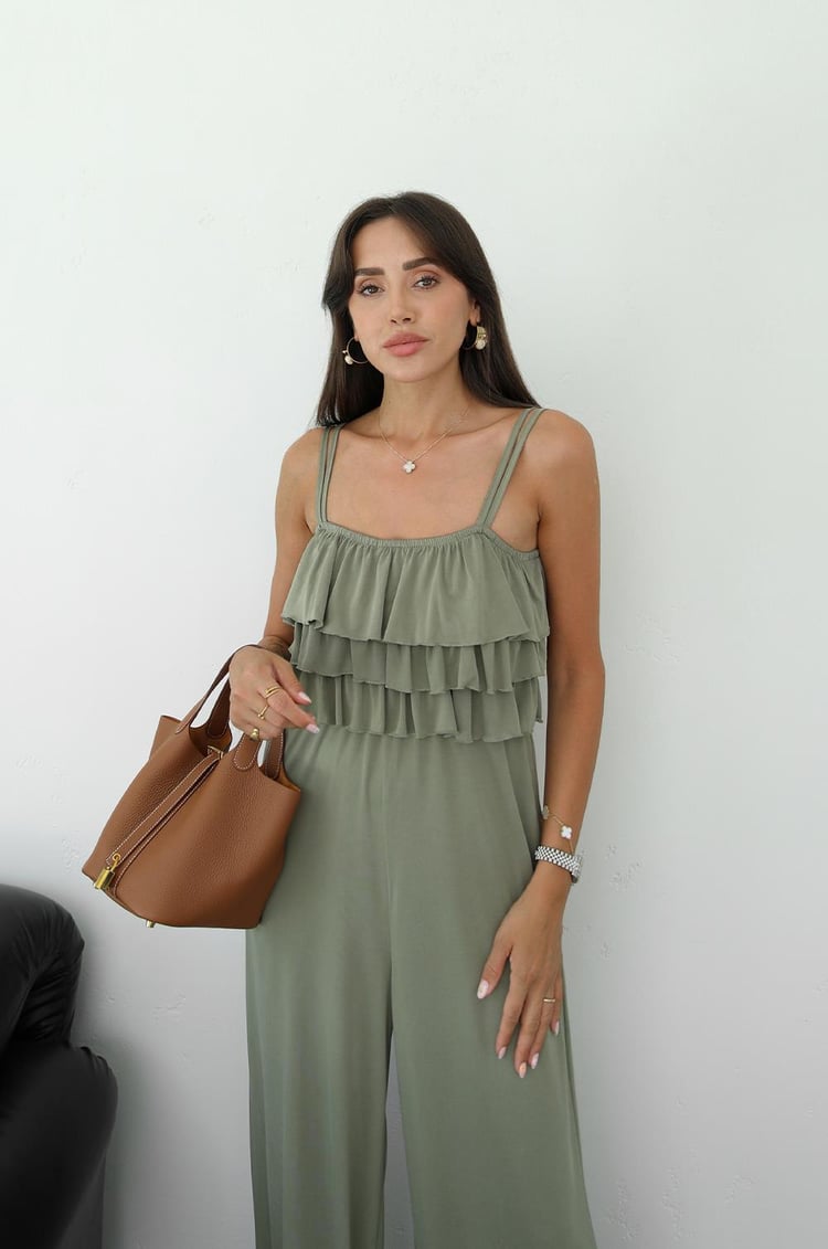 Haki Fırfırlı Askılı Modal Tulum