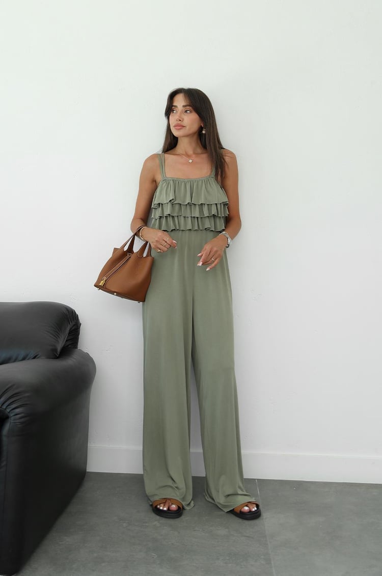 Haki Fırfırlı Askılı Modal Tulum