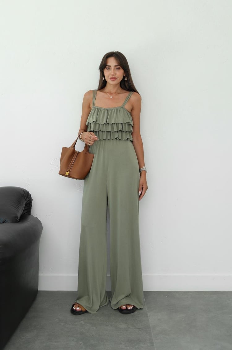 Haki Fırfırlı Askılı Modal Tulum