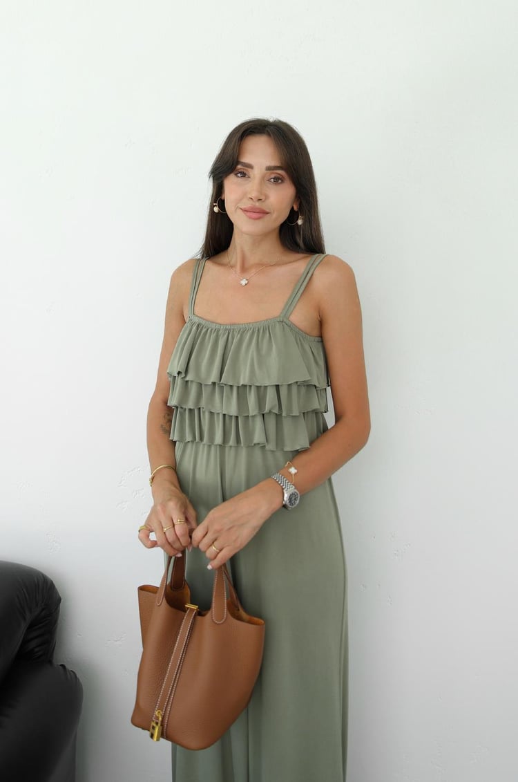 Haki Fırfırlı Askılı Modal Tulum