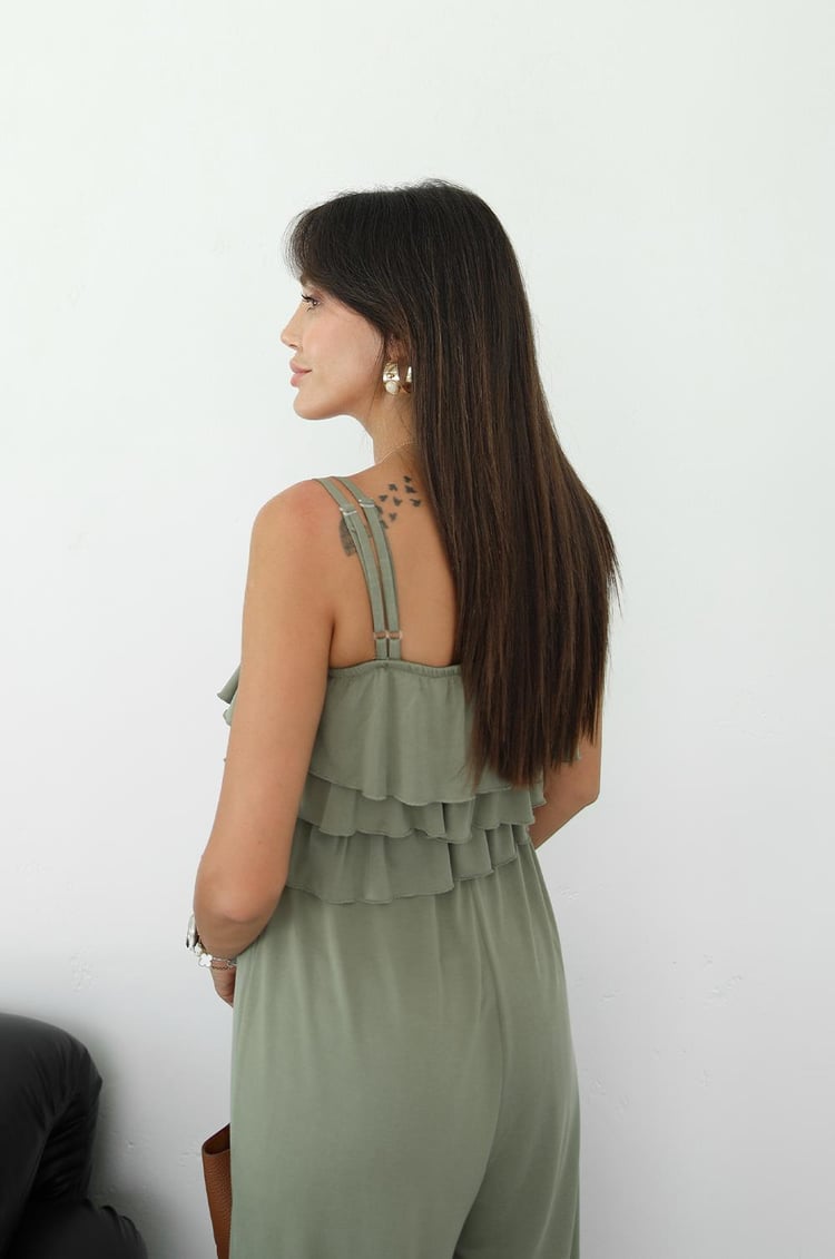 Haki Fırfırlı Askılı Modal Tulum