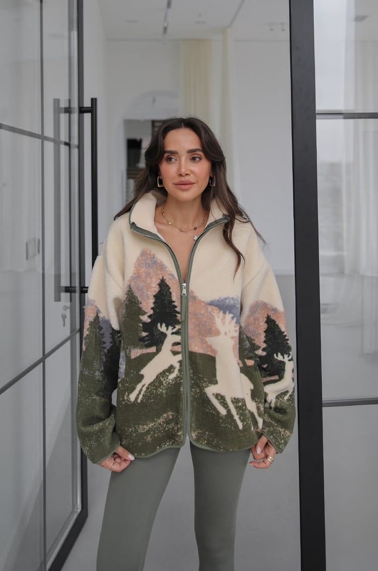 Haki Geyik Desenli Fermuarlı Polar Ceket